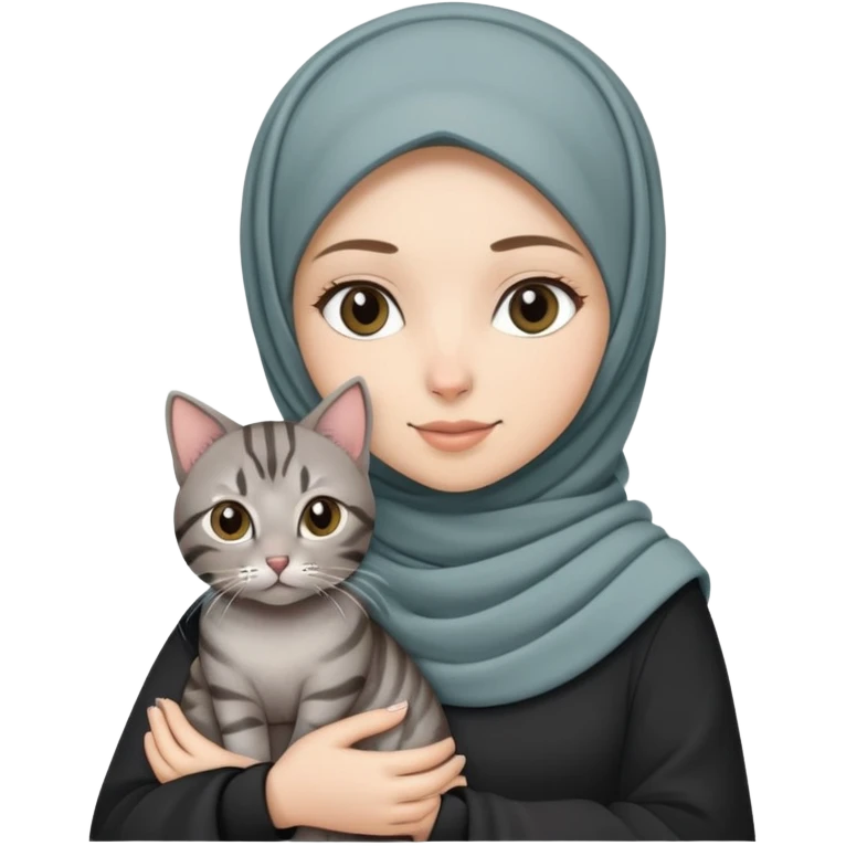 White girl wearing pretty hijab holding a black grey tabby cat while standing emoji