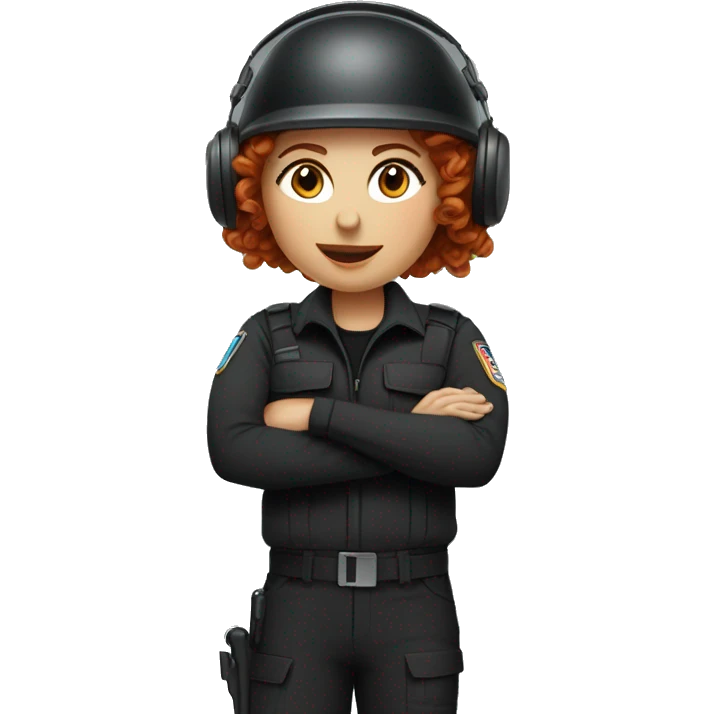 operator dressed in black with a milatary helmet, without glasses, wearing a headset, ready to respond to alerts, preferably curly redhead female  emoji