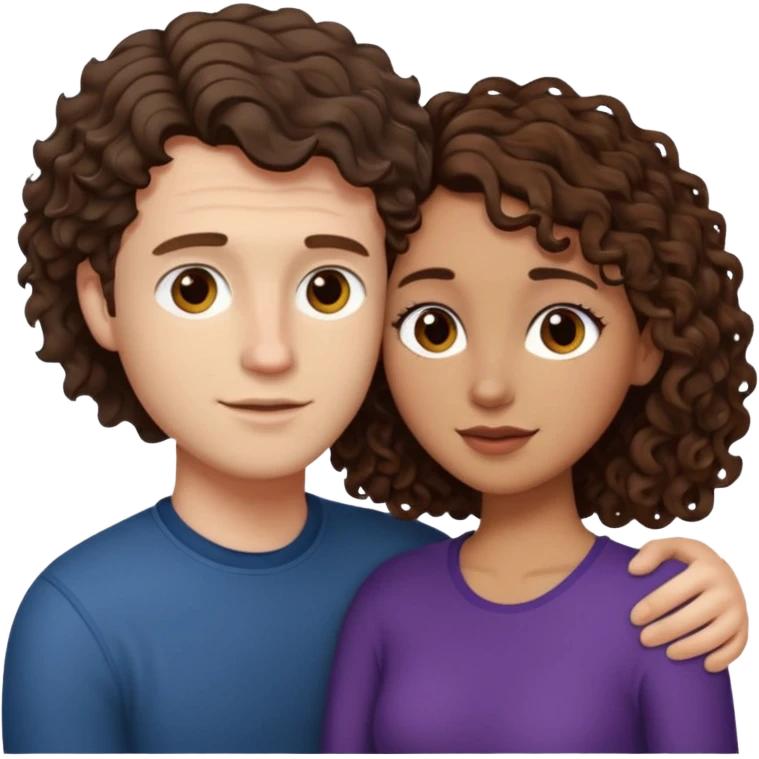 white male with short, straight, medium brown hair, shorter mixed toned woman with long curly dark brown hair, relationship emoji