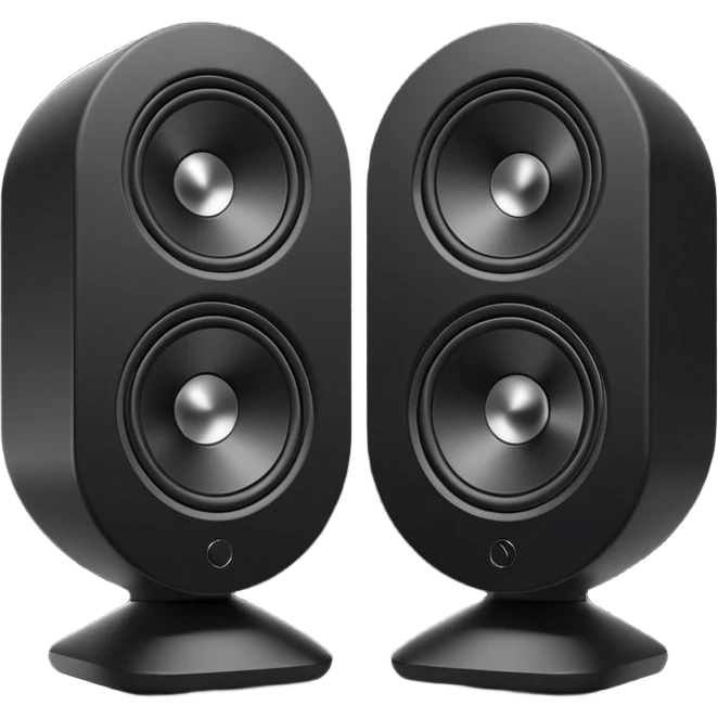 pair of big speakers emoji, deep matte black metal body, circular speaker cones with subtle depth, smooth rounded edges, minimalistic futuristic 3D style, luxury aesthetic emoji