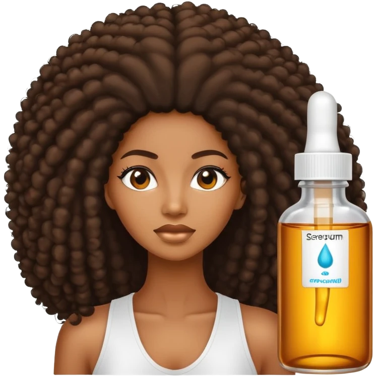 Serum Bottle, hair growth oil. Label black woman with long afro hair. emoji