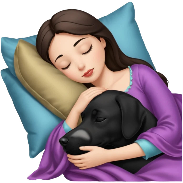 sleeping beauty brunette white girl with a silk pillow and black Labrador  emoji