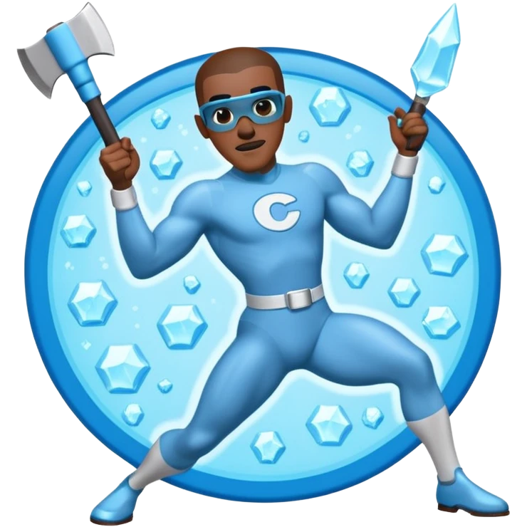 Frozone character in retro stickers style, dynamic pose, icy effects, bold outlines, vibrant colors he says "c'est carré dans l'axe" emoji