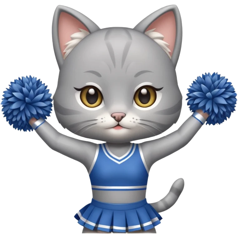 A cute chibi sleek grey cat cheerleader twirling pom-poms with confident energy. emoji