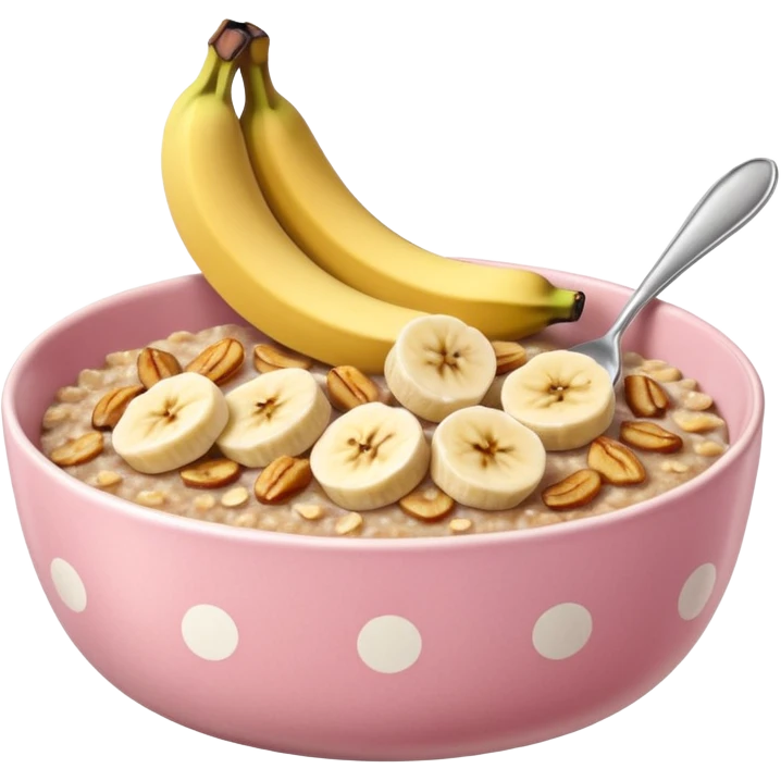 banana baked oats in a bowl like oat meal with a couple banana slices on top that look a little bit caramelised and a light pink bowl with white polka dots emoji