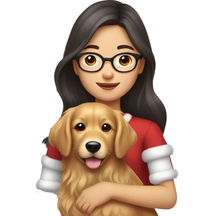 christmas Asian Girl with long wavy dark brown hair and medium brown eyes and eyeglasses holds her pet golden retriever emoji