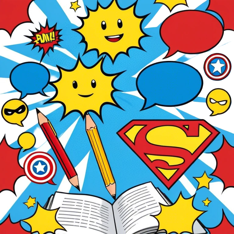 Create a vibrant and dynamic emoji representing comic books and graphic novels as an art form. The design should feature a comic book page with panels and speech bubbles, showcasing bold lines and vibrant colors. Include elements like a pencil or pen, as well as a superhero icon or an action scene to symbolize storytelling through visuals. Use bright, energetic colors like red, blue, and yellow to convey excitement and creativity. The overall design should feel playful, creative, and artistic. Make the background transparent. emoji