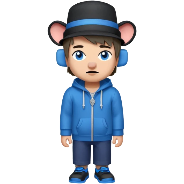 Minecraft character with a top hat And a hoodie That is blue And has a elephant And short hair And A eye patch That is white And black shoes And  Dot eyes  That are  Dark blue And a mouth Drooling And the skin mixed emoji