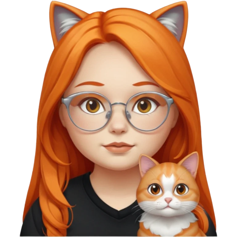 girl with chubby cheeks, very long orange hair, and silver cat-eye glasses. Black clothes. Without cat or cat ears emoji