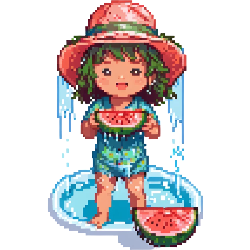 Change the river color to a vibrant turquoise, keeping the rest of the pixel art scene the same, with a cute kid in a sun hat eating watermelon by the riverside, splashing water, sparkles, and a refreshing breeze. emoji