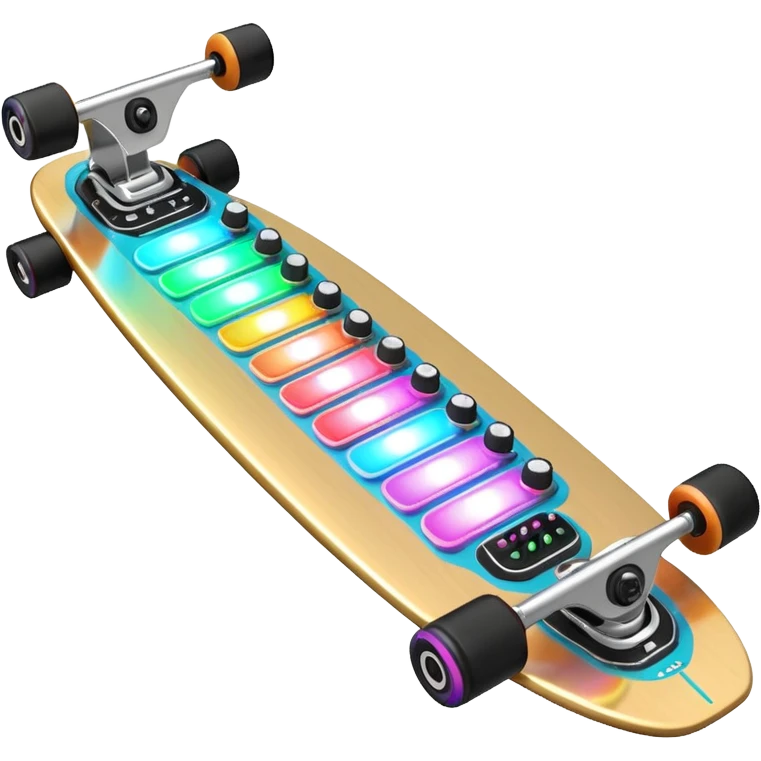 A longboard DJ mixer with faders, EQ knobs, and colorful LEDs.
 emoji