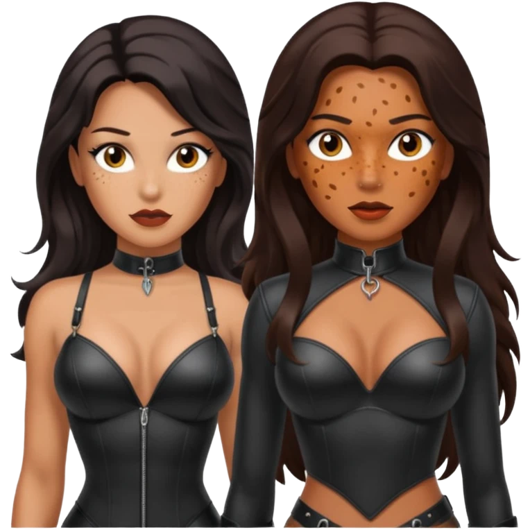 Tan skin with freckles, long dark hair, hazel eyes Dominatrix full body emoji