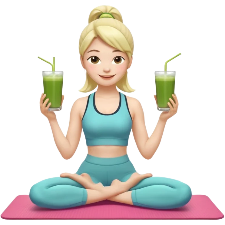 Девушка-мемоджи радостно сидит на коврике для йоги, в спортивной позе, в ярком стильном спортивном комплекте. Лицо сияющее, улыбка очень довольная и счастливая, в руках яркий стакан освежающего матча-лимонада, вокруг атмосфера свежести, отдыха и комфорта. Белый фон. 2 руки и 2 ноги emoji