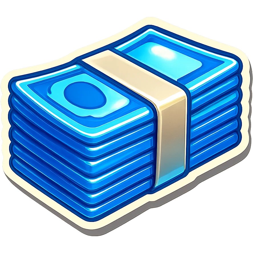 a massive bound stack of blue-and-white banknotes, bills,, 90s futuristic emoji