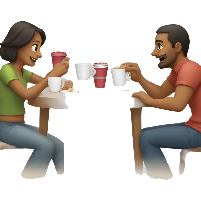 An emoji of a family—mother, father, and child—sitting at a table, playing a cup game with paper cups arranged on the table as they have fun together emoji