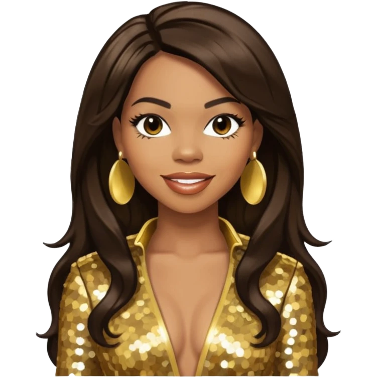 Tenitra Michelle Williams, R&B Singer from Destiny's Child with long dark brown hair, gold sequin outfit, medium dark skin emoji