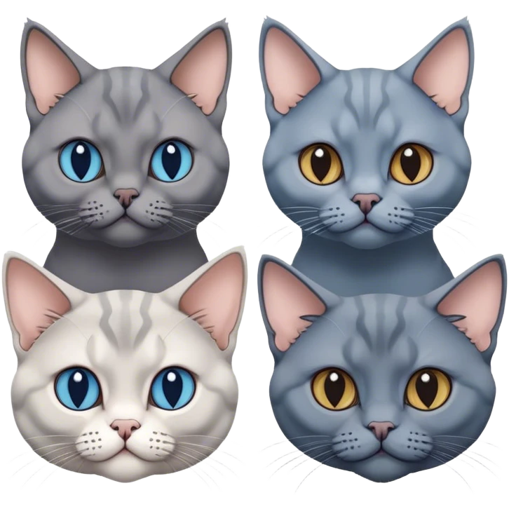 Three cat heads: British Shorthair Blue, with large cheeks, Maine Coon with fluffy fur and expressive eyes, Sphynx with smooth skin and prominent features, minimalistic, on a white background, no extra details. emoji