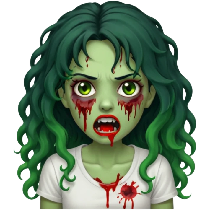 a zombie with long curly black hair volumoso, brown eyes, a white t-shirt and a splash of blood on her t-shirt, mouth open like a zombie, green skin color, not much expression, no drawing on shirt, no hands showing, less blood on her face,  emoji
