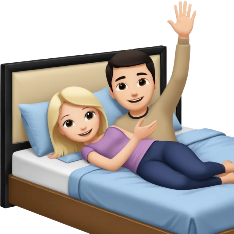 A bed with a girl laying down south and a man putting his hand up. emoji