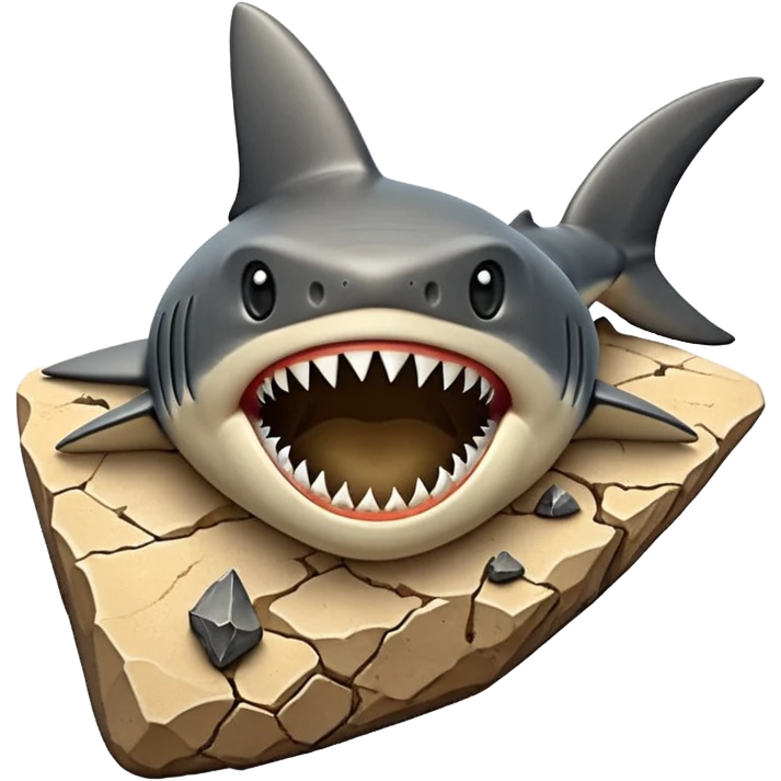 3D render of Shark Tooth, embedded in a chunk of rough sedimentary rock, cracked stone texture, ancient fossil aesthetic, shiny black enamel tooth embedded in beige sand, matte dry finish, Apple emoji style, isolated on white background --v 6.0 emoji