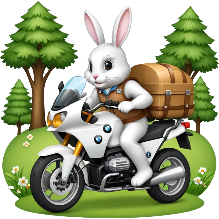 Easter bunny riding a BMW boxer motorcycle with trees and grass in the background emoji