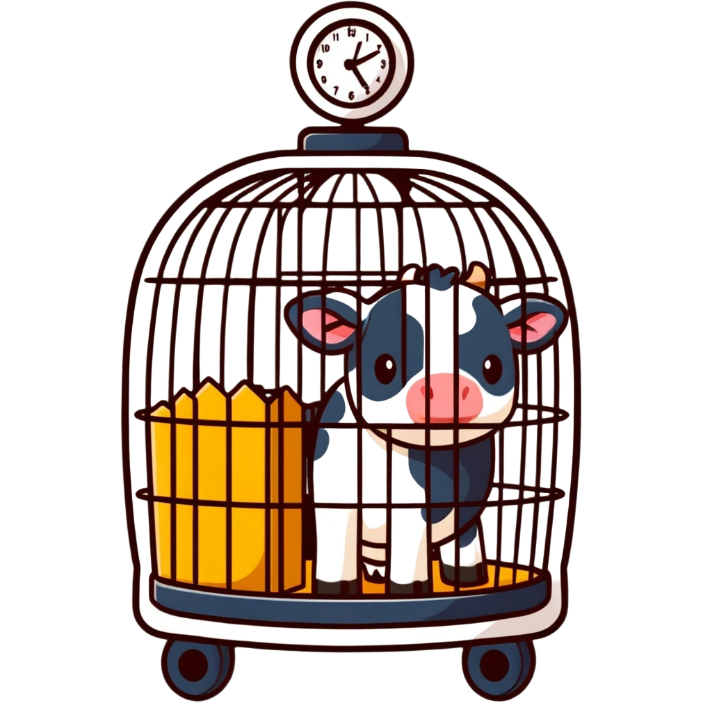 a straw-lined cage with calves inside and a small clock, cartoonish sticker style emoji
