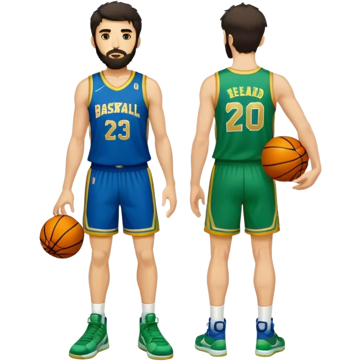 Full Body  white male basketball player with short shaggy dark hair and gold tee beard wearing blue and green uniform emoji