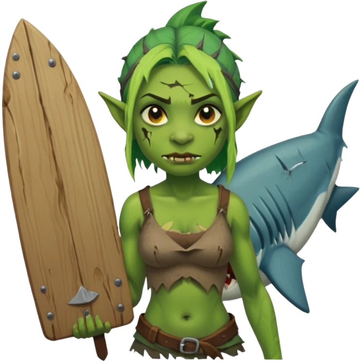 orc female holds a board with a shark painted vertically in his hands emoji