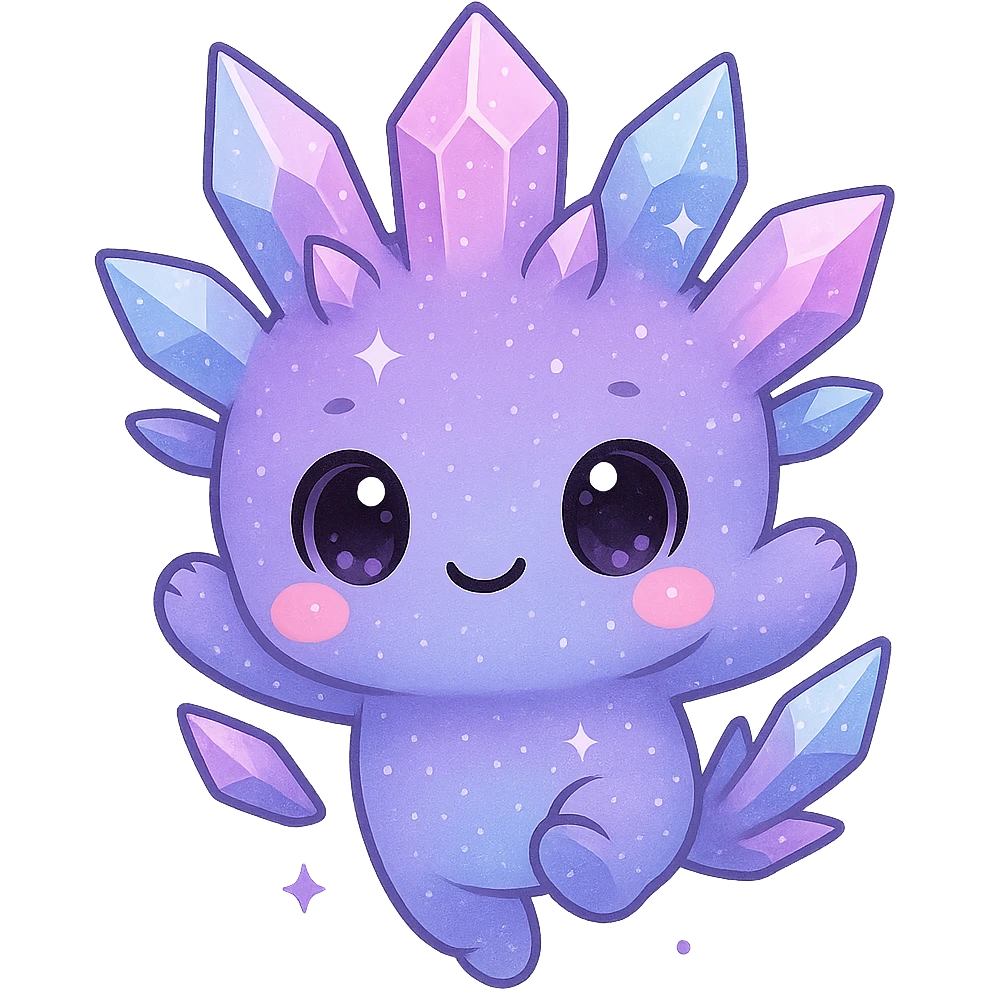 Create a kawaii chibi crystal sprite creature in a jumping pose, colored purple, blue, and pink. The creature should be cute and sparkly with a small body. Remove the background. emoji