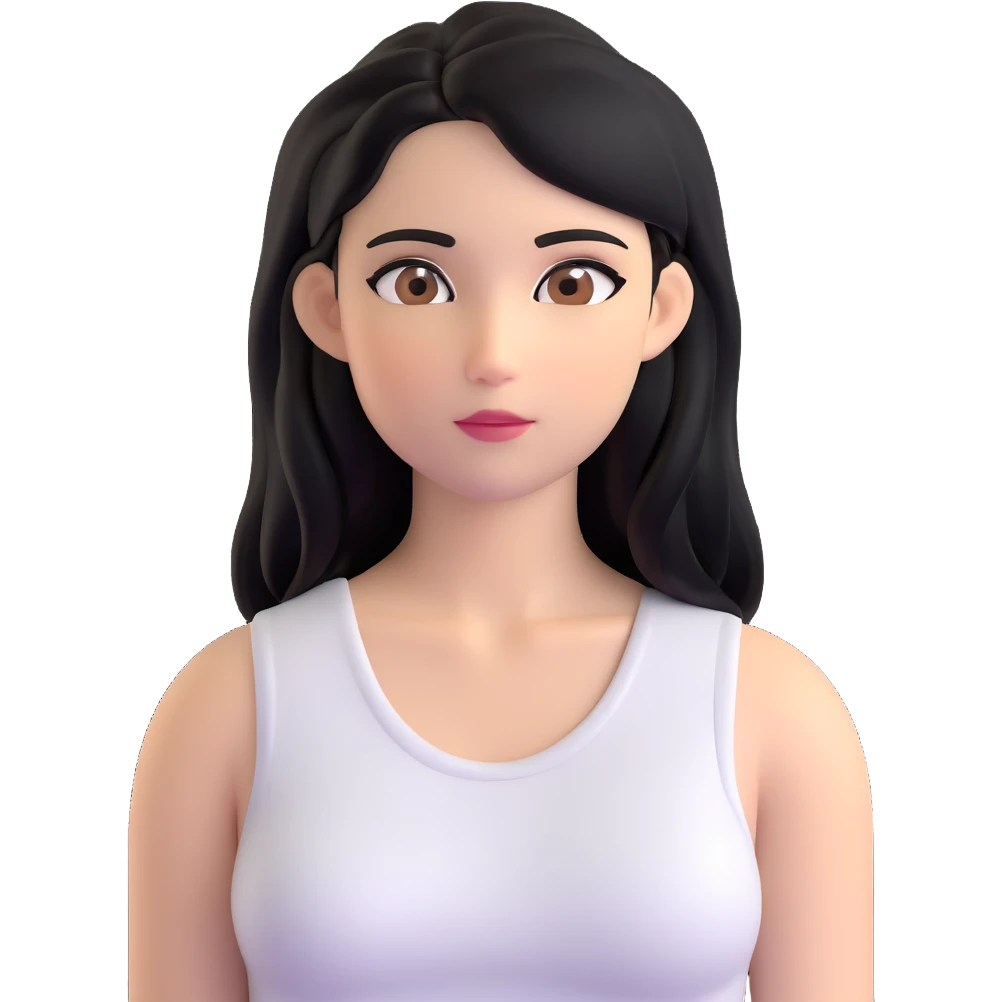 Female with straight long black hair parted in middle, beige skin, big brown eyes, natural makeup, white sleeveless top emoji