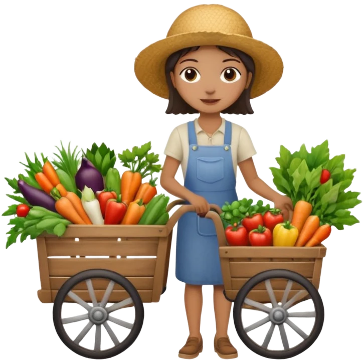 Shopper with flower bouquet,Farmers’ Market, background veggies cart. emoji