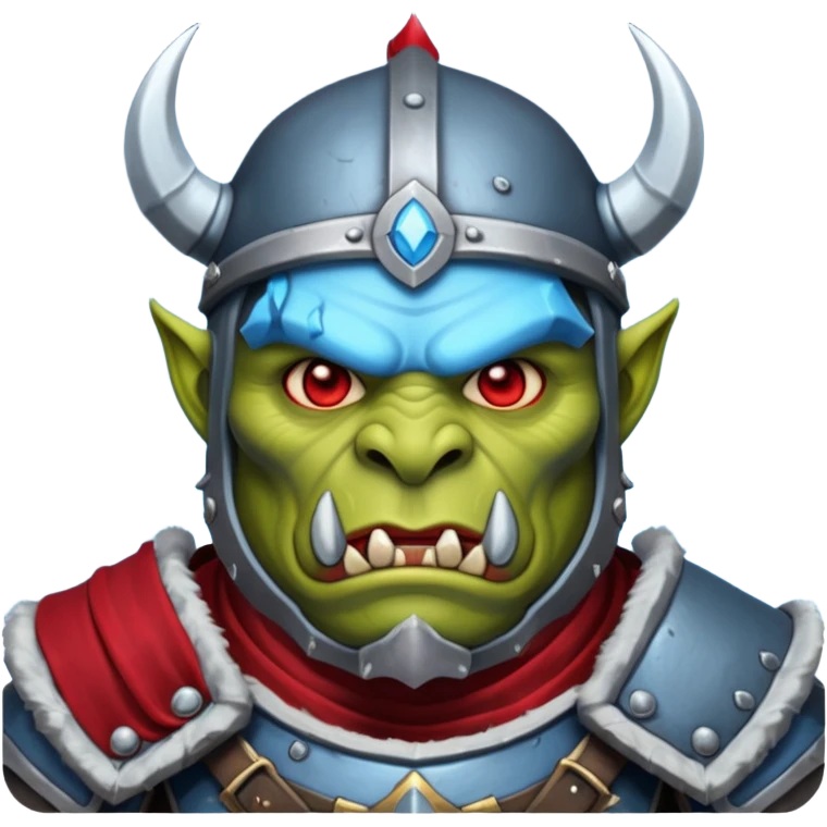 Fantasy Christmas orc legion soldier icon, iron tundra army theme, heavy winter armor, disciplined brutal look, dark icy steel armor with bold crimson cloth and markings, cold blue shadows, high contrast, clean emoji portrait style
 emoji