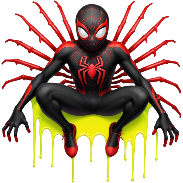 A stylized sticker of Miles Morales Spider-Man, urban graffiti art style, spray paint drips, neon accents. High contrast, cinematic lighting, thick white contour border, isolated on white background, sticker sheet aesthetic. emoji