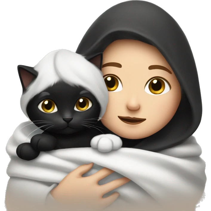 White lady snuggling with a black and white  cat with a blanket emoji