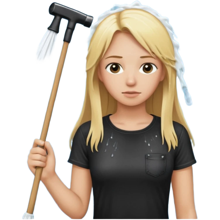 Bdsm male dominant wearing jeans black T-shirt and holding a flogger watching from outside blonde long hair sub with a collar showering with suds all over her emoji