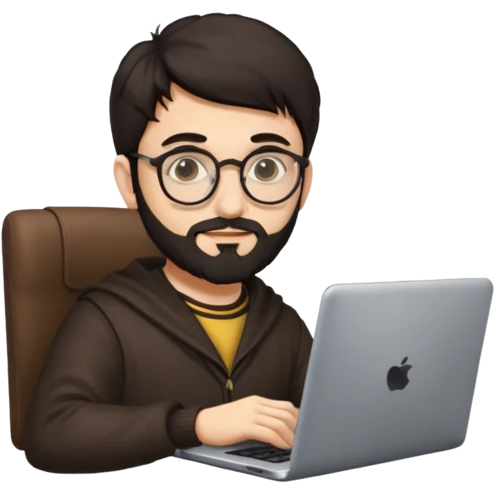 23 year old Azerbaijani man with very dark brown hair and beard with glasses and laptop , light yellow skin face, not European, glasses like a harry potter emoji