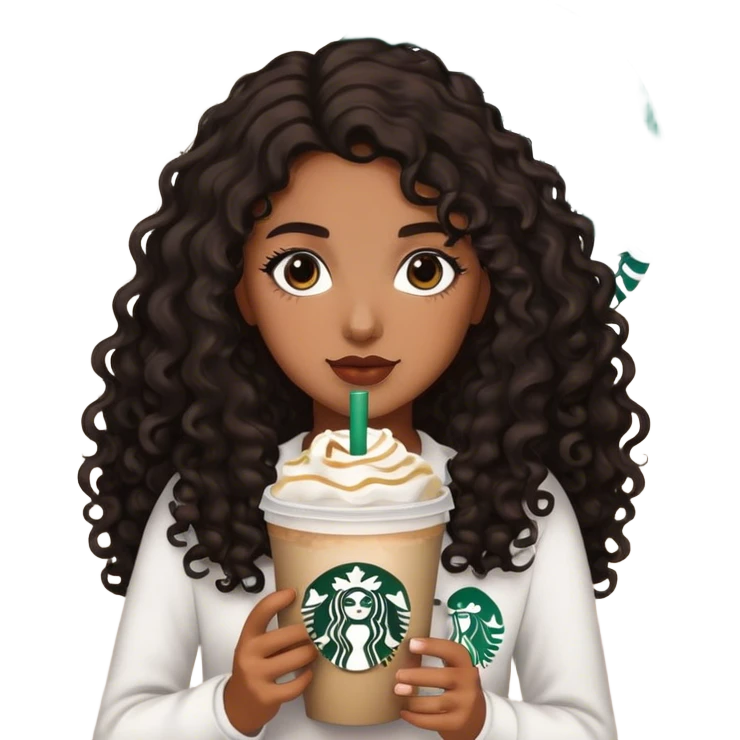 Girl with medium brown  skin/  black brown curly long hair with Starbucks  emoji