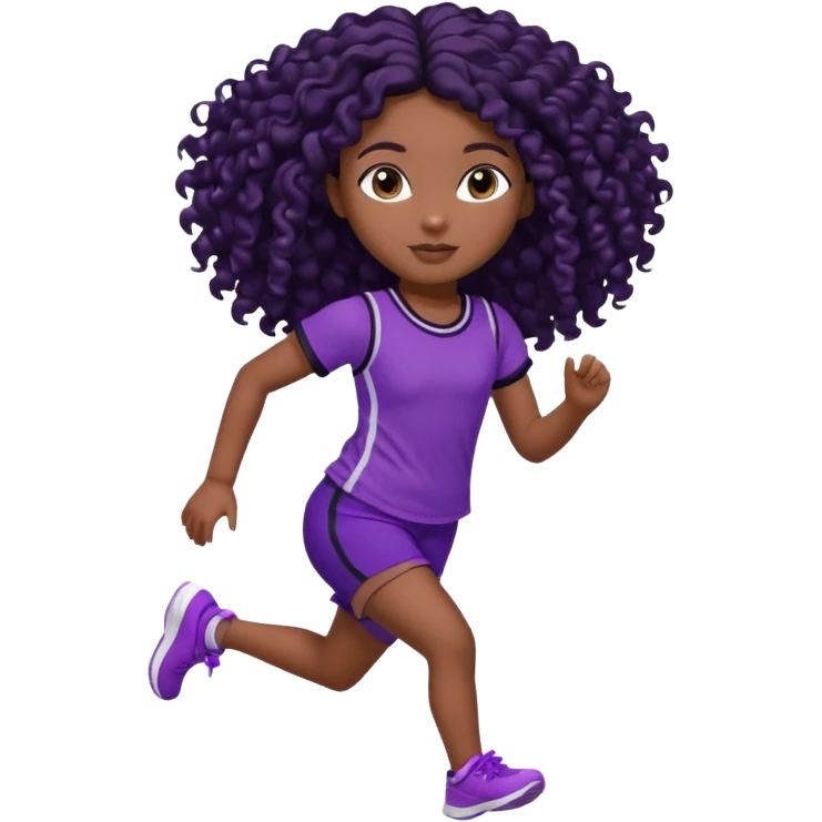 Uma boneca morena escura com olhos castanhos e cabelo cacheado longo preto até o peito, treinando correndo a roupa top roxo com detalhes preto e short roxo com detalhes preto emoji