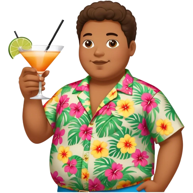 chubby guy full figure in a flowered hawai shirt holding a cocktail emoji