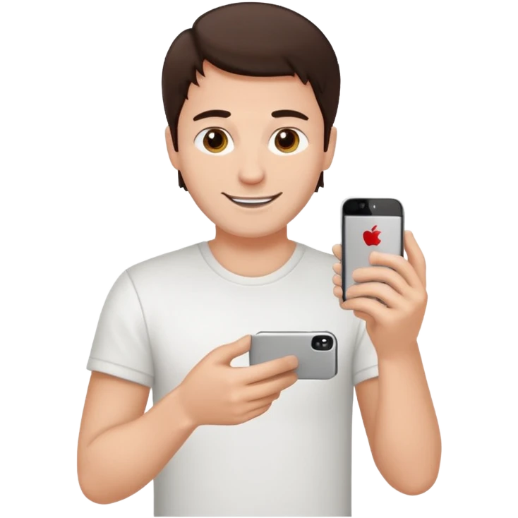 make a white guy with dark brown hair, with a simple white o grey shirt, repairing an iphone, un tecnico happy emoji
