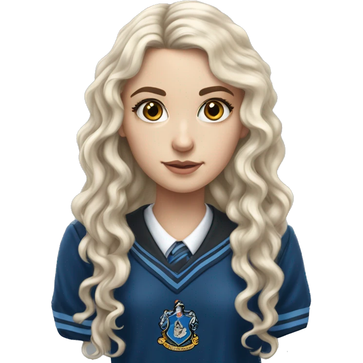 Hyper realistic White girl with long black curly hair wearing a ravenclaw school inform emoji