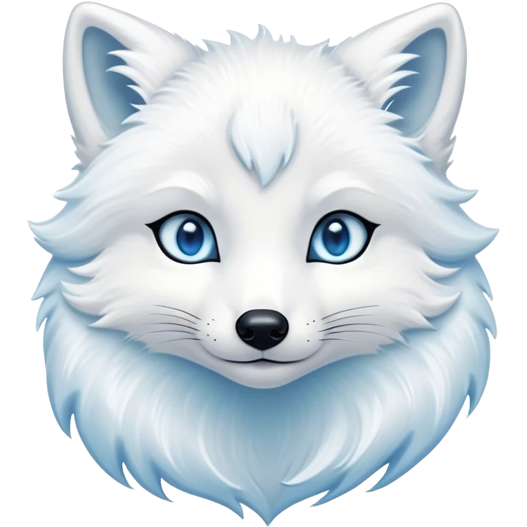 Cinematic Cute Arctic Fox Portrait Emoji, Head tilted playfully and inquisitively, featuring a silky, pure white Fur with delicate hints of icy blue on the ears and muzzle, round, sparkling eyes filled with curious charm, Simplified yet irresistibly adorable features, highly detailed, glowing with a warm, friendly glow, high shine, affectionate and spirited, stylized with a touch of frosty whimsy, bright and endearing, soft glowing outline, capturing the essence of a mischievous yet loving arctic fox, so playful it feels like it could frolic out of the screen and into your arms! emoji