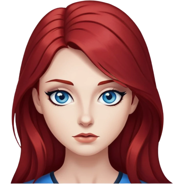 Long dark res hair, blue eyes, sharp black eyeliner Baddie emoji