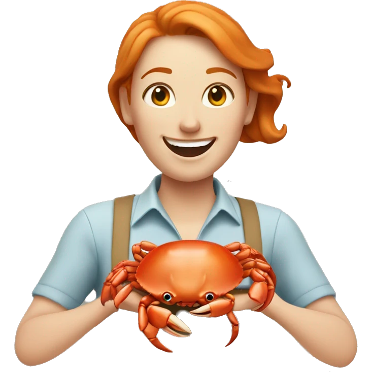 Happy ginger woman holding crab  emoji