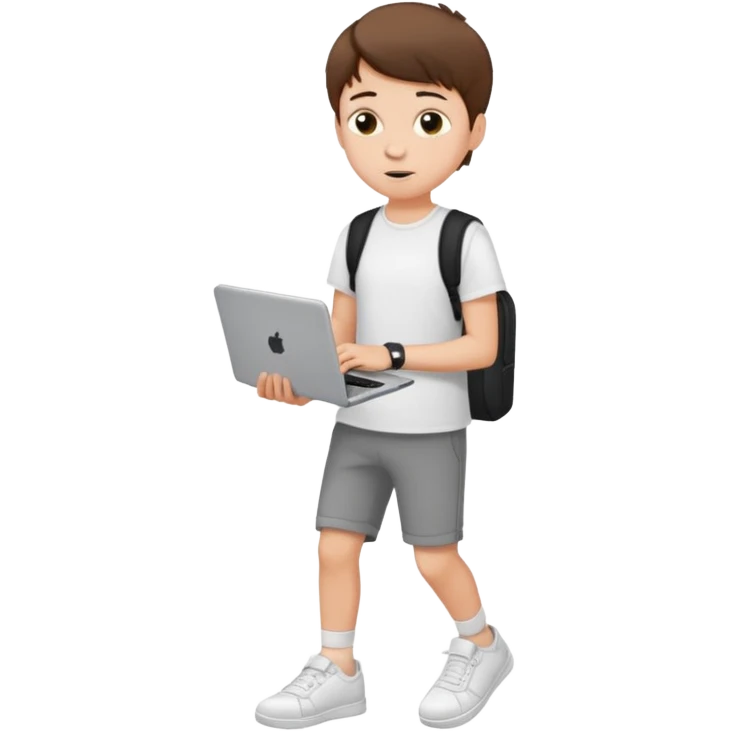 white teenage boy student, short hair, wearing a t-shirt and sneakers, carrying a laptop emoji