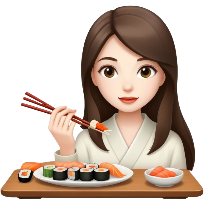 beautiful pale brunette girl with long enjoying sushi emoji