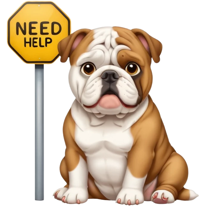 cute English bulldog sitting beside a 'need help' sign, emoji style emoji
