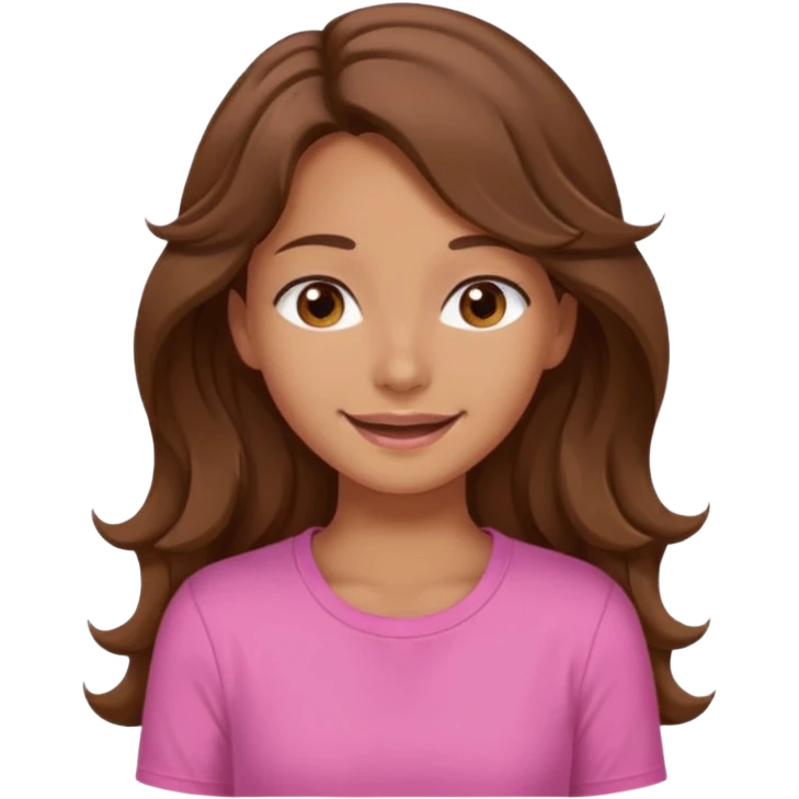 A pretty girl with tan skin and long wavy hair, wearing a pink basic shirt with brown eyes and a closed mouth smile emoji