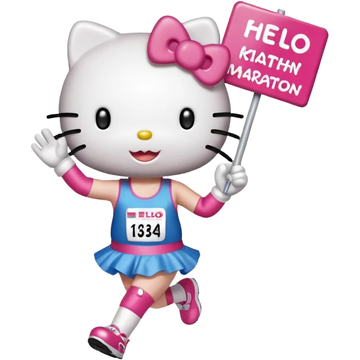 hello kitty cheering on a friend running the marathon, where she is holding a marathon sign. make sure the fae looks exactly like hello kitty - give her eyes and a nose but no mouth emoji