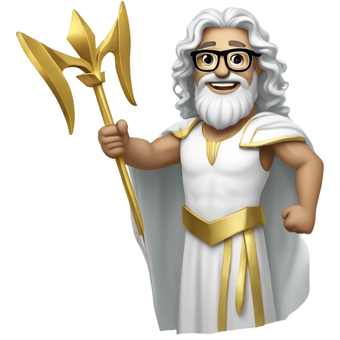 white Poseidon with gold Trident and nerd glasses. long hair white dress. smile . wink. pointing us emoji